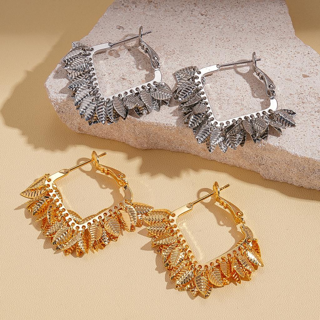 18K real gold electroplated geometric square leaf fringed silver needle earrings niche earrings