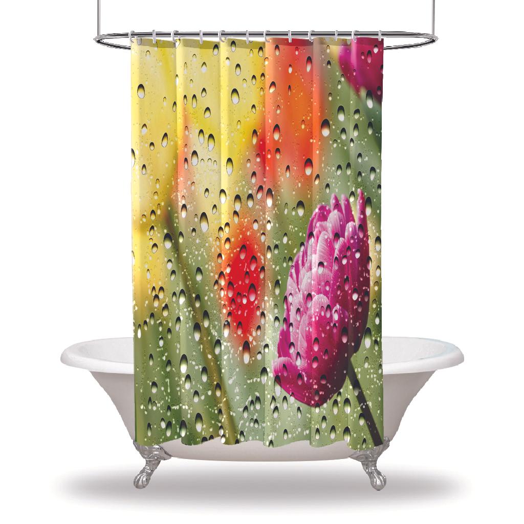 

Занавеска для душа с принтом дождя/водостойкие занавески для душа с пуговицами для вашей ванны Ванная комната - разноцветные тюльпаны, цветы, вид из окна, красный, фиолетовый