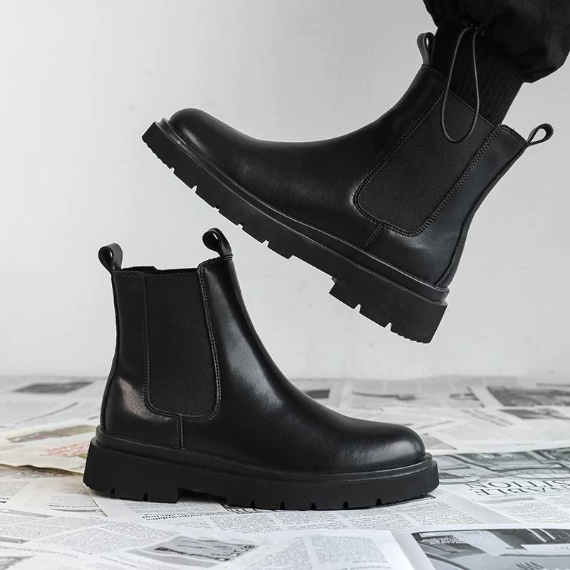 Fashion Men's Leather High-top Chelsea Boots 2025 Black Leather Shoes Retro Chimney Boots for Men Formal Wear Fashion Trend Casual Boots