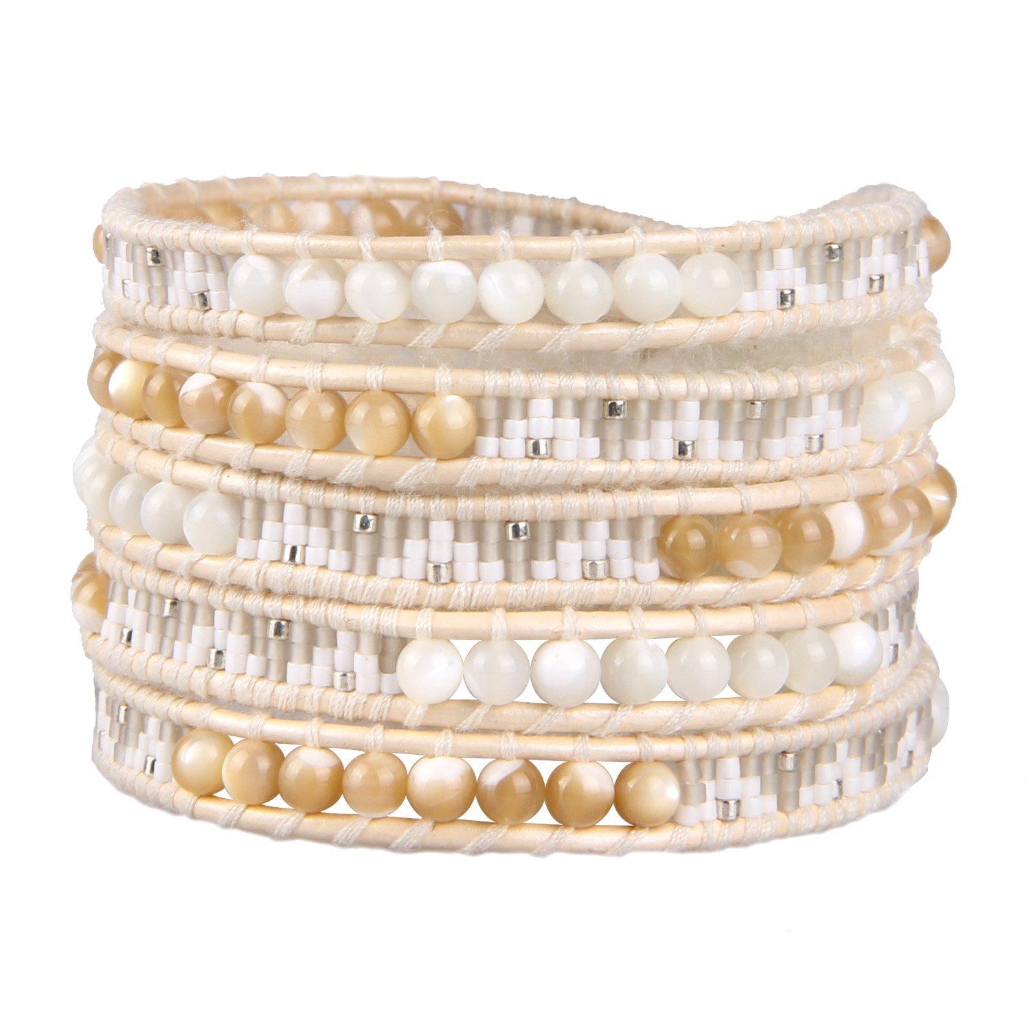 KELITCH Shell Pearl Mix White Seed Bead 5-Wrap Bracelet Handmade Cuff New Summer Women s Jewelry (White)