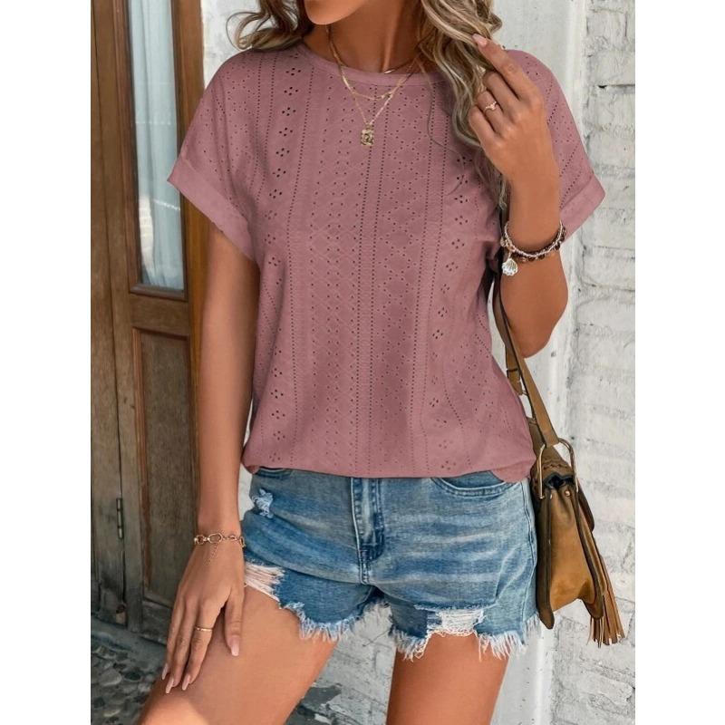 Fashion Casual Bat Short Sleeves Hollow Blouse Women O Neck Loose Summer T Shirts Female Office Tops Sweet Embroidery Solid Color Elegant Clothing