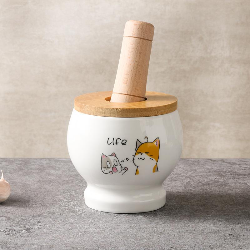 Cartoon Cat Ceramic Jar, Mashed Garlic Mortar Garlic Porcelain Jar Household Garlic Masher Pounding Medicine Jar Spice Grinder