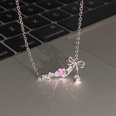 Pink Zircon Love Bow Necklace For Women Girls Sweet Elegant Party Pendant Charm Chain Necklace Party Jewelry Accessories