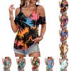 Women’s Cold Shoulder V Neck Floral Print Casual Short Sleeve Loose Fit Summer Blouse Top for Daily Wear