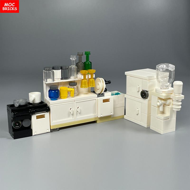 MOC Blocks Kitchen Cabinet Tableware Tool Coffee Maker Machine Water Dispenser Cooking Bench Learning Construction Block Children Toy