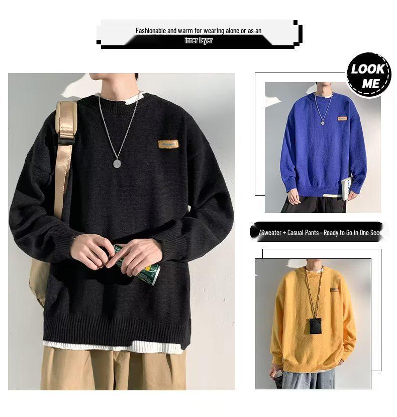 Hong Kong Style Men's Winter Fake Two-Piece Round Neck Sweater - Thick, Loose, Warm Knitwear