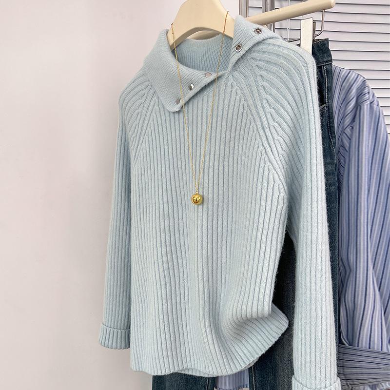Knitted Base Blouse for Women In Autumn and Winter Latest Leisure Slim and Versatile Lapel Sweater for Women One Tone Top