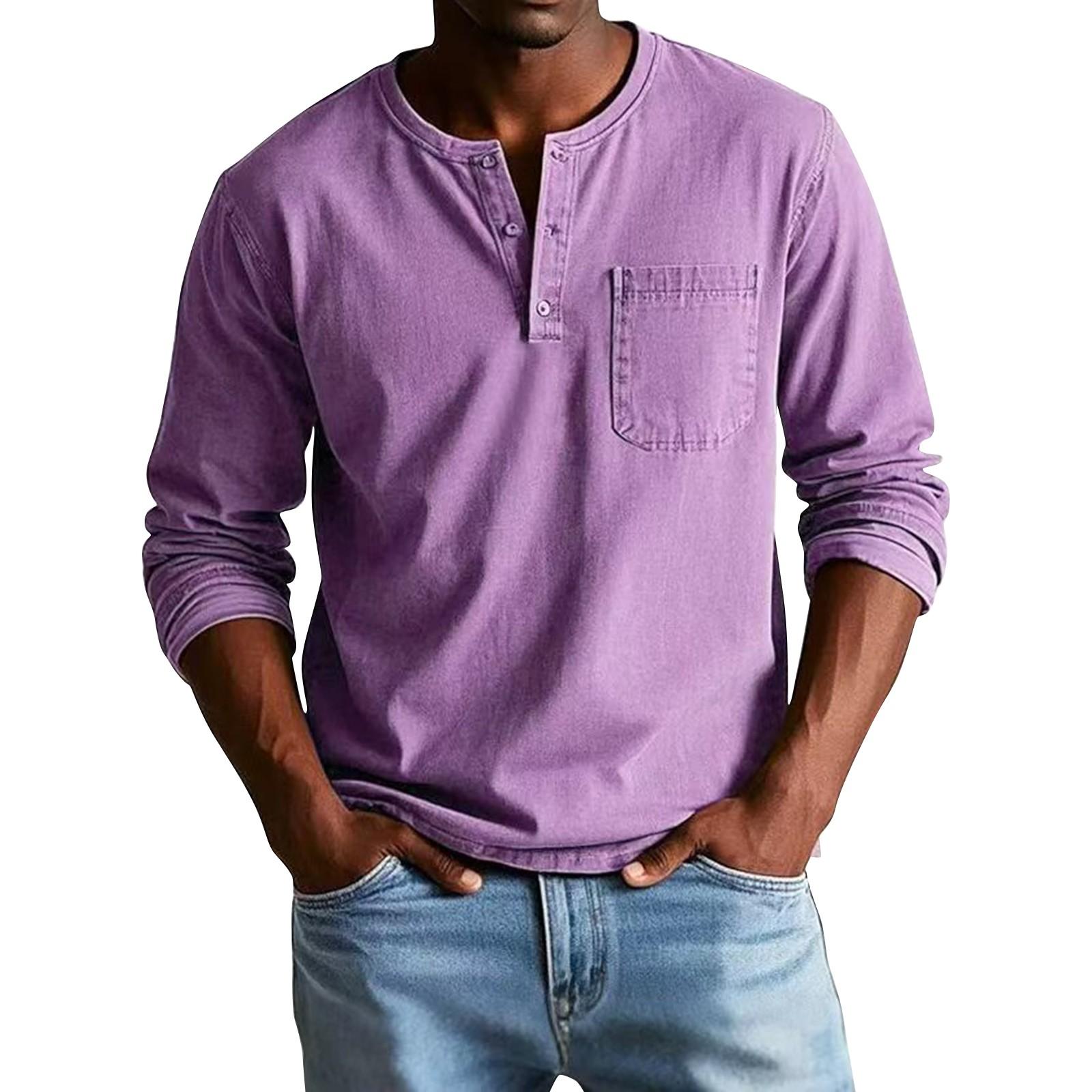 

Мужские однотонные потертые топы с воротником на пуговицах и длинным рукавом, повседневные модные топы для мужчин M фиолетовый