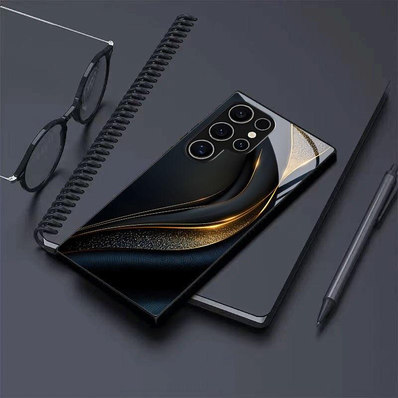 Coque de téléphone en verre noir motif ondulé doré profilée adaptée pour Samsung GalaxyS26 S25 S24 S22 S21 S20FE/Ultra/Plus anti-chute