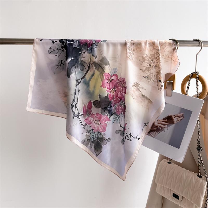 Luxury Flower Design Scarf Women Satin Scarves Bandana Hijab Neckerchief Shawl Kerchief Hair Band Foulard Lady