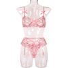 Women's Sexy  Lace Flower Embroidery Underwear Sexy Three-piece Suit With Steel Ring