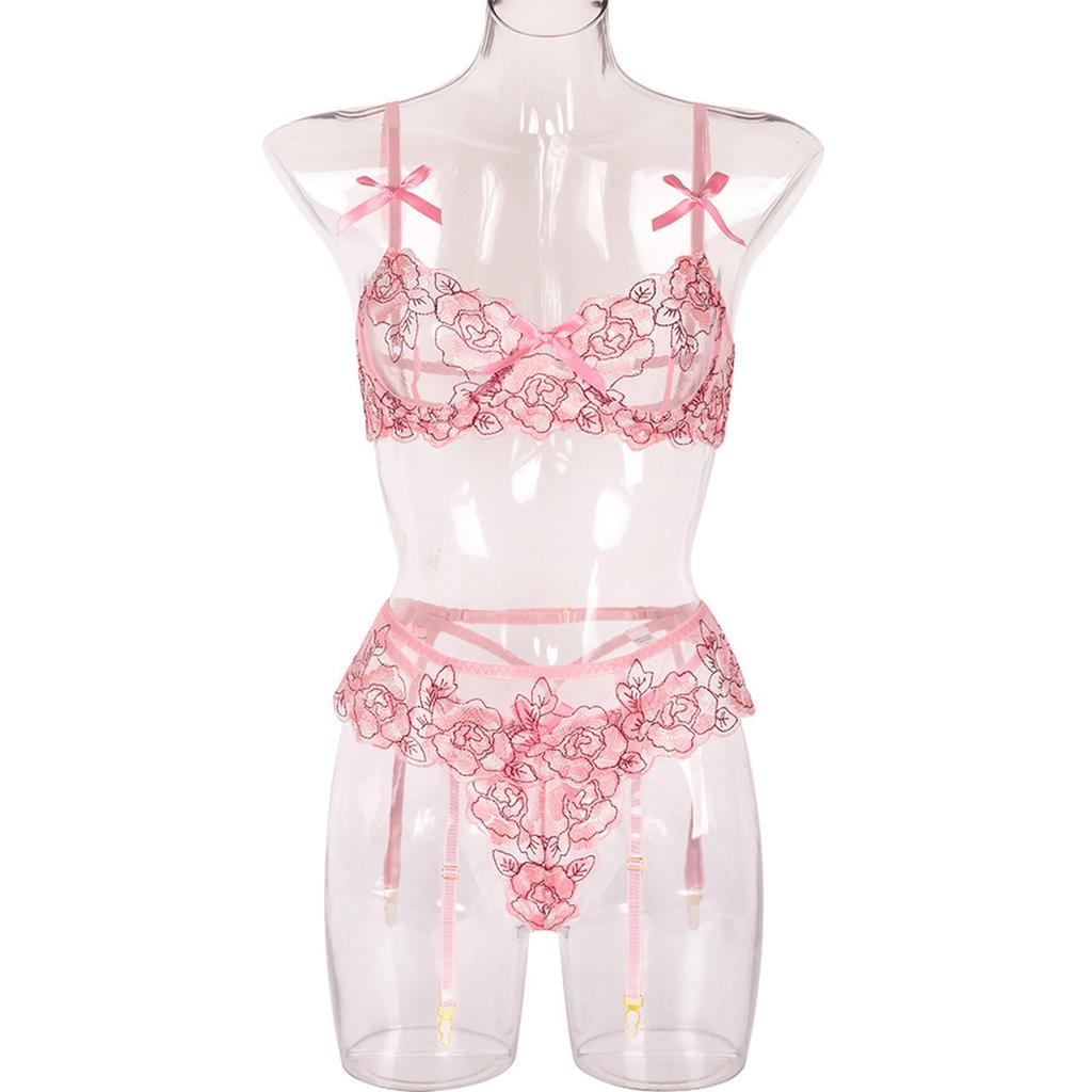 Women's Sexy  Lace Flower Embroidery Underwear Sexy Three-piece Suit With Steel Ring