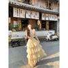 French gentle milk apricot V-neck suspender dress summer elegant casual temperament women's fluffy cake long skirt