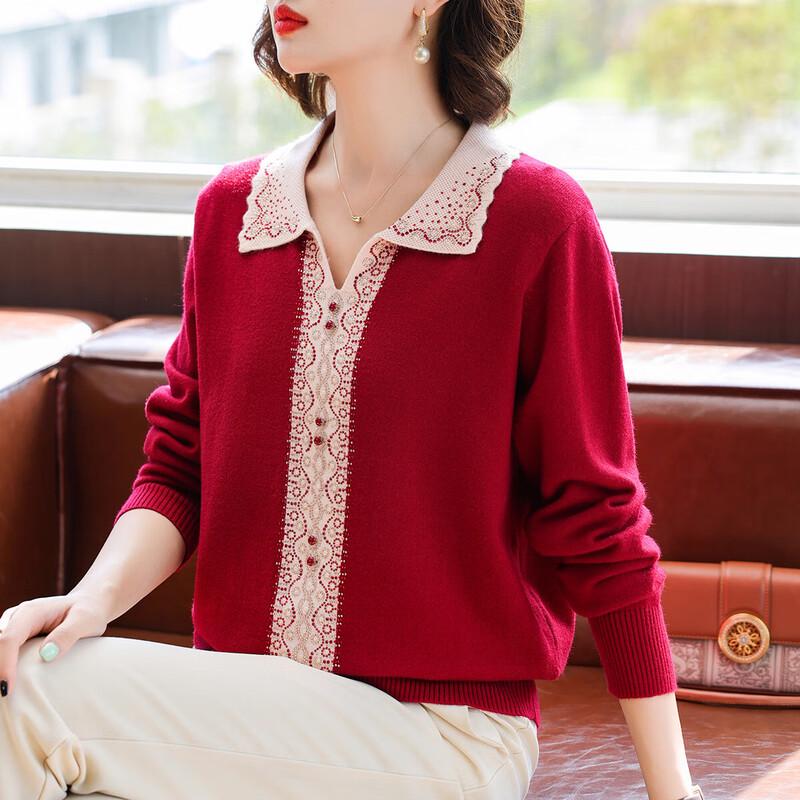 

Qianlian Women s Spring/Autumn Elegant Lapel Knit Top 3XL