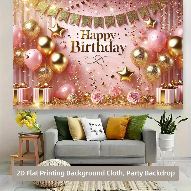 2D Pink Gold Happy Birthday Backdrop Balloon Gift Party Background Banner