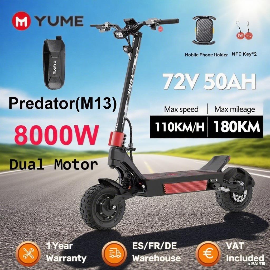 YUME Raptor Electric Scooter 6000W Dual Motors 60V eScooter 11 Inch Tires Max Speed 80KM/H Max Range 96KM NFC Electric Scooter