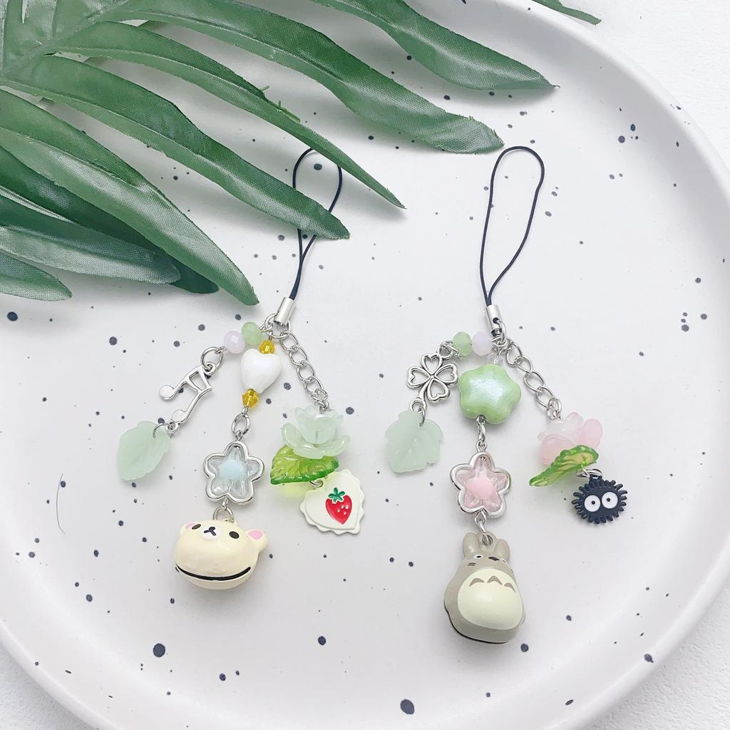 Cute Rilakkuma Bear Bell Matching Phone Charms Handmade Totoro Cat Star Hanging Chain Beaded Pendant Cardbook Keychain Gifts