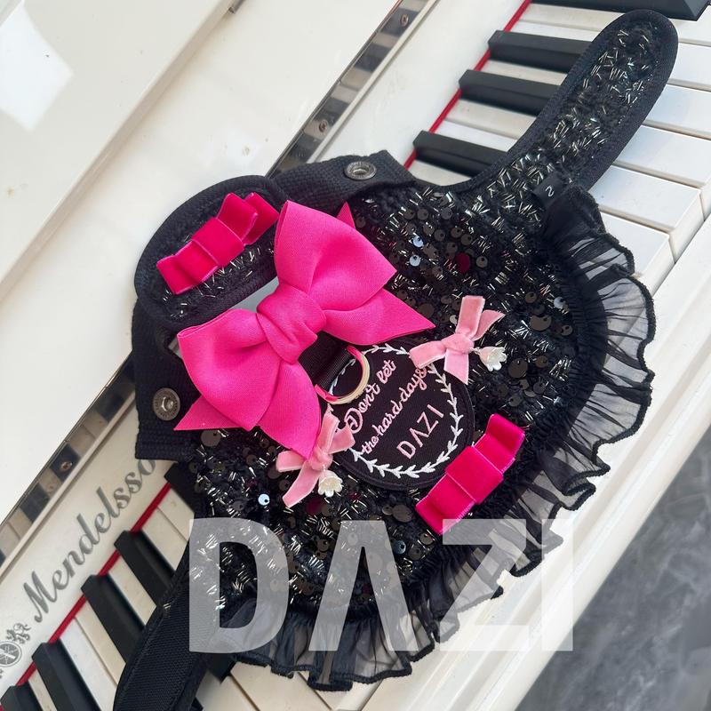 Luxury Dog Harness Leash Set Black Princess Dress with Bowknot Lace Chest Strap Puppy Walking Lead Rope for Maltese Schnauzer