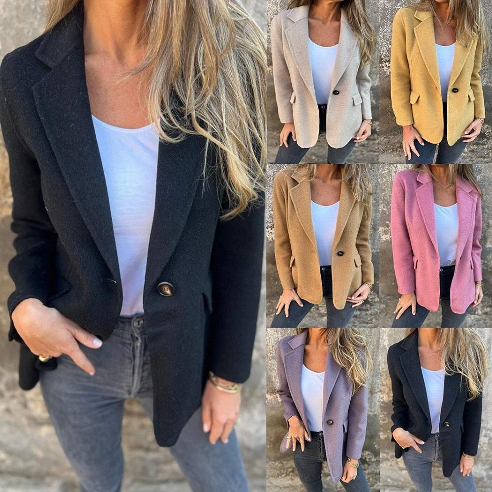 Women Autumn Winter Casual Coats Single Button Long Sleeve Pockets Woolen Jackets ladies Casual Solid Color Outerwear