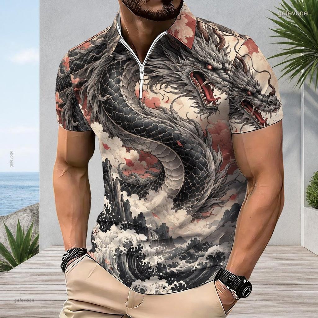 Men s Plus Size Grey Short Sleeve Quarter Zip Printed Plaid Collar Polo Shirt