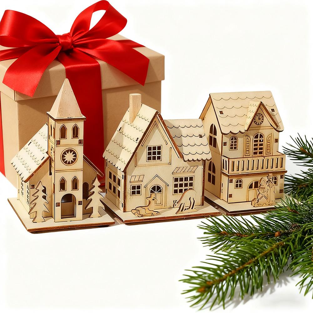 1/3PCS Festival Led Light Wood House Christmas Tree Decorations For Home Decoration Wooden House DIY Gift Window Decoration
