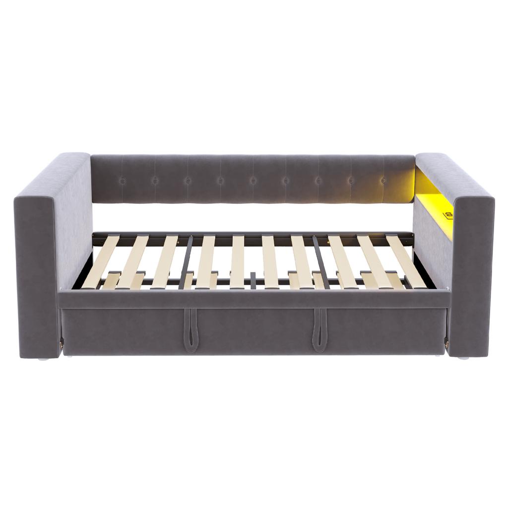 Upholstered Bed 90/180 × 190 Cm, with LED Lighting, Sockets and Lots of Storage; Upholstered Bed, Multifunctional Sofa Bed, Single Bed, Dark Grey