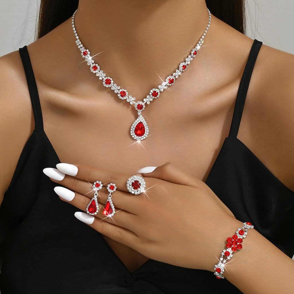 4PCS Copper Color Crystal Drop Necklace Earrings Bracelet Ring Jewelry Set for Women Rhinestone Wedding Party Accessories