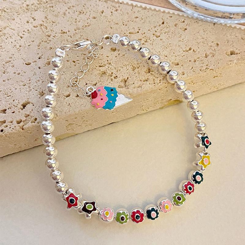 Korean Style S925 Sterling Silver Flower & Ice Cream Charm Bracelet for Women - Sweet Enamel Rainbow Beads Fashion Jewelry