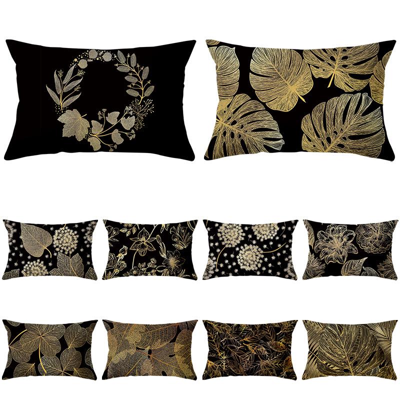 Black Gold Plant Series Waist Pillowcase Peach Skin Printed Sofa Pillowcase Home Fabric Supplies Pillowcase