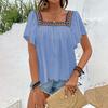 Summer Women Blouse Lace Embroidered Square Neck Backless Pullover Shirt Short Sleeve Lotus Leaf Holiday Spring S-XL