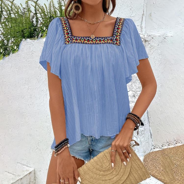 Summer Women Blouse Lace Embroidered Square Neck Backless Pullover Shirt Short Sleeve Lotus Leaf Holiday Spring S-XL
