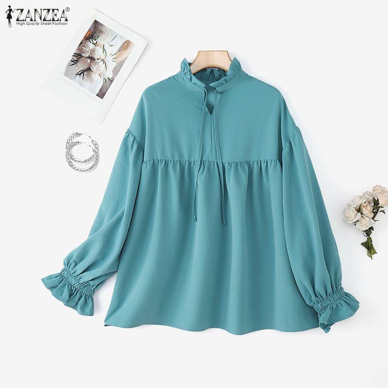 ZANZEA Women Casual Round Neck Loose Puff Long Sleeve Blouse