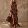 European and American Retro Vacation Halter Collar Brown Leopard Print Chiffon Slit Dress