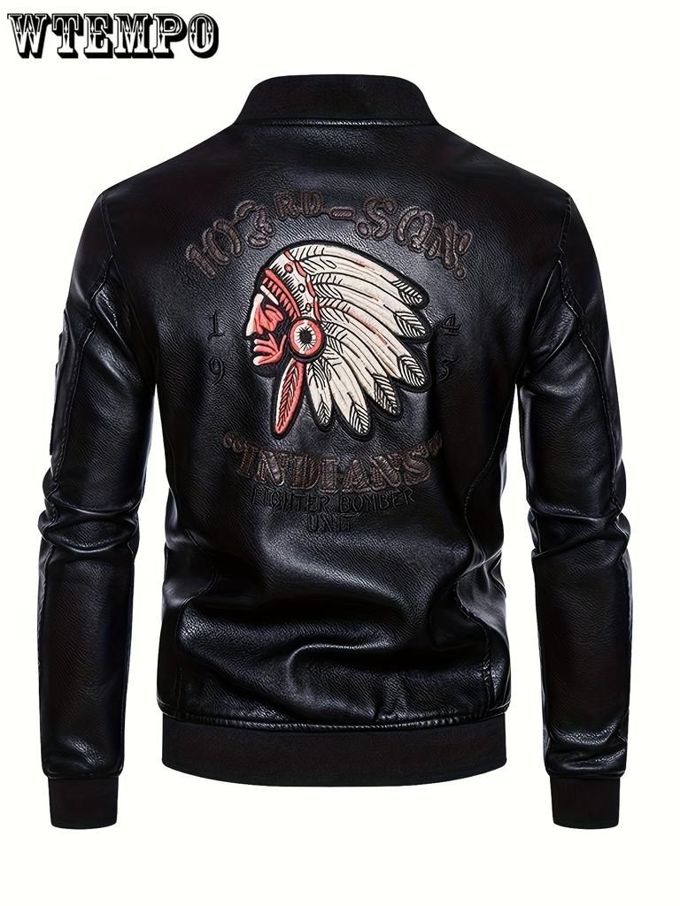 Men's Tribal Portrait Embroidery Stylish PU Leather Jacket - Multi-pocket Street Style Retro Classic Bomber Jacket - For Men -  Made of PU Leather