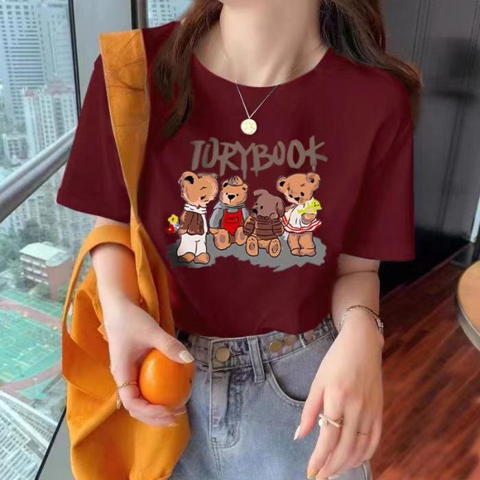 

Женская летняя футболка с коротким рукавом и круглым воротником с рисунком из мультфильма XXXL вино красного