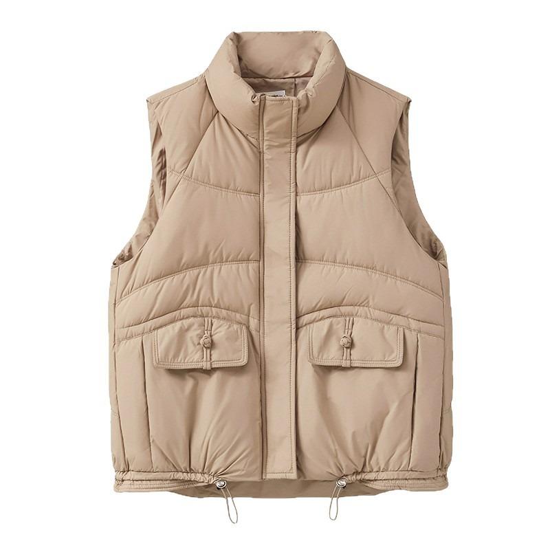 New stand-up collar women's style down cotton vest short vest solid color temperament large pocket vest