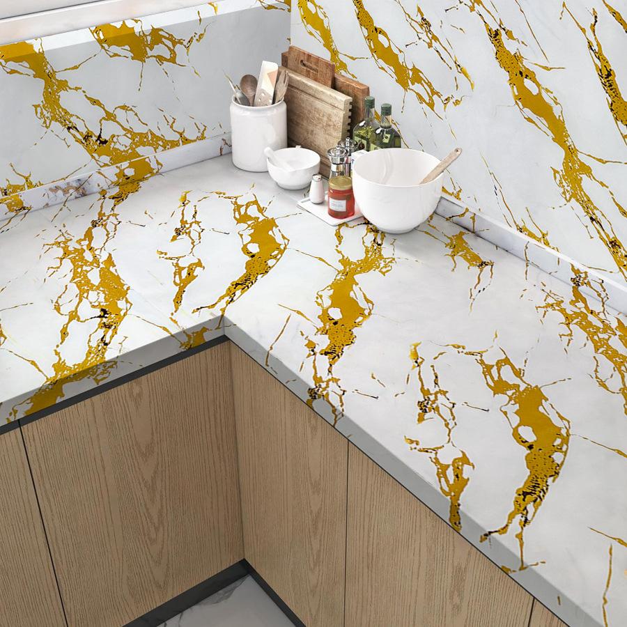 Samolepicí mramorová tapeta se zlatou fólií, odlepovací a nalepovací, vodotěsná, odolná proti oleji, nálepka na kuchyňskou zástěnu a pracovní desku, 5vrstvá PET samolepka na zeď pro nábytek