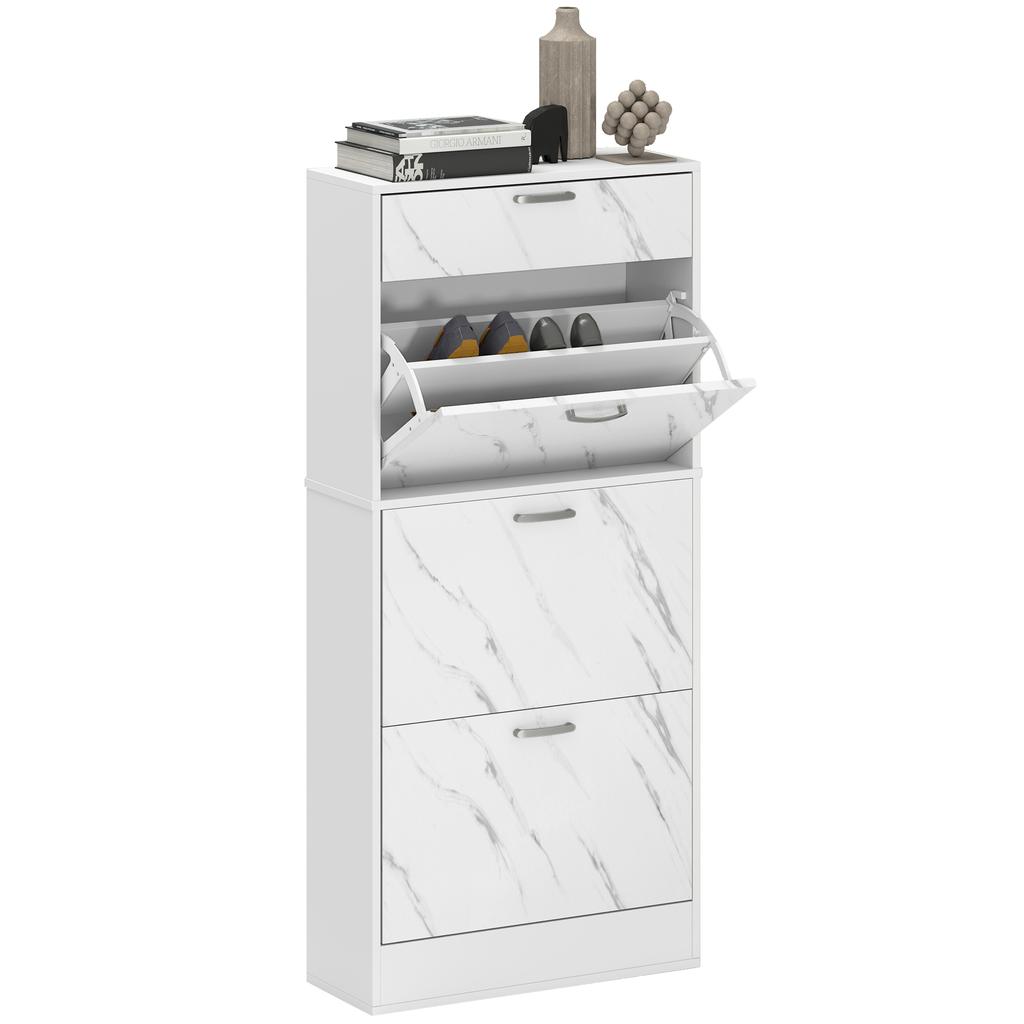 Marble Shoe Storage Cabinet with 3 Flip Drawers, Hallway Cabinet with Top Drawer and Adjustable Shelves, Shoe Cupboard for 18 Pairs, White