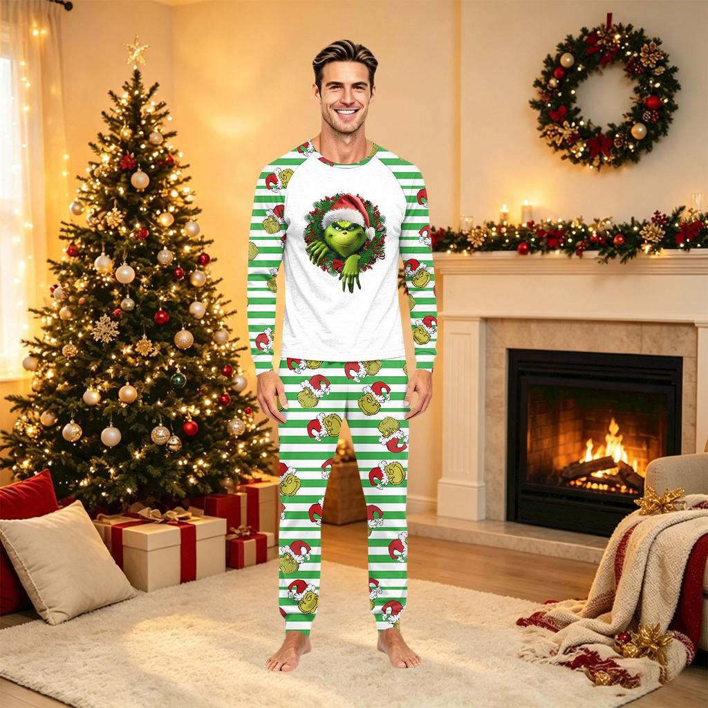 Christmas Family Matching Pajama Set with Printed Round Neck Long Sleeve Top and Pants for Parents and Kids