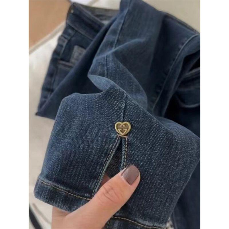 Elastic Pear Shapes Plus Size Ladies Straight-leg Ninth Denim Blue M(Suggestion 45-50kg)