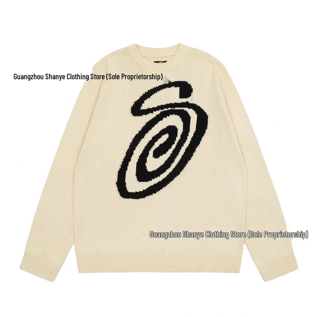 

Европейский и американский вязаный свитер Stüssy с жаккардовым узором Arc и круглым вырезом для пар XL грязно-белый