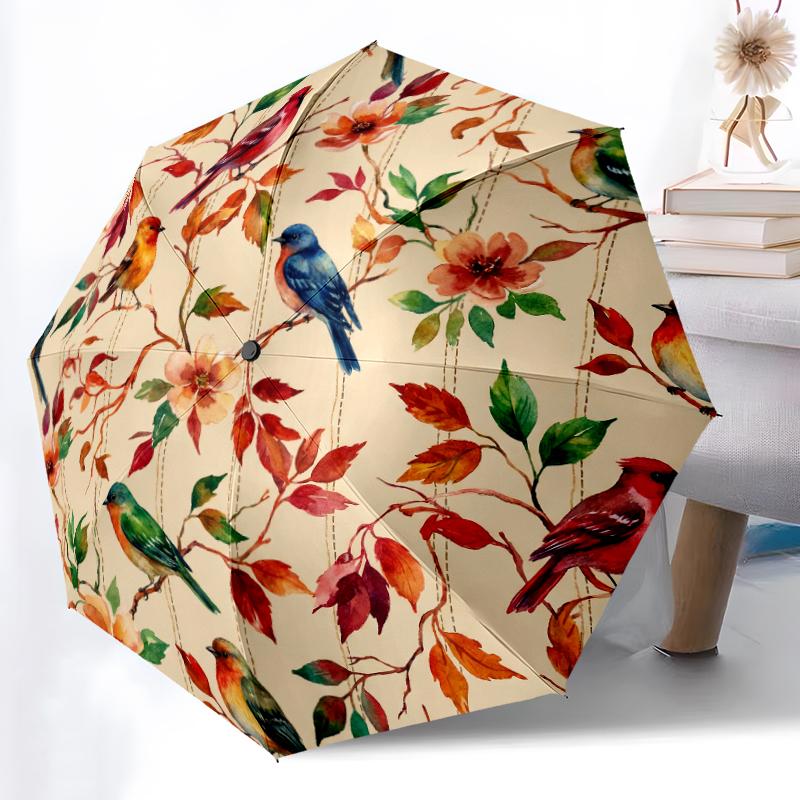 Colorful Bird Floral Printed Umbrella, Auto Open-Close 8-Rib Umbrella for Outdoor Adventures, Ideal Birthday Gift