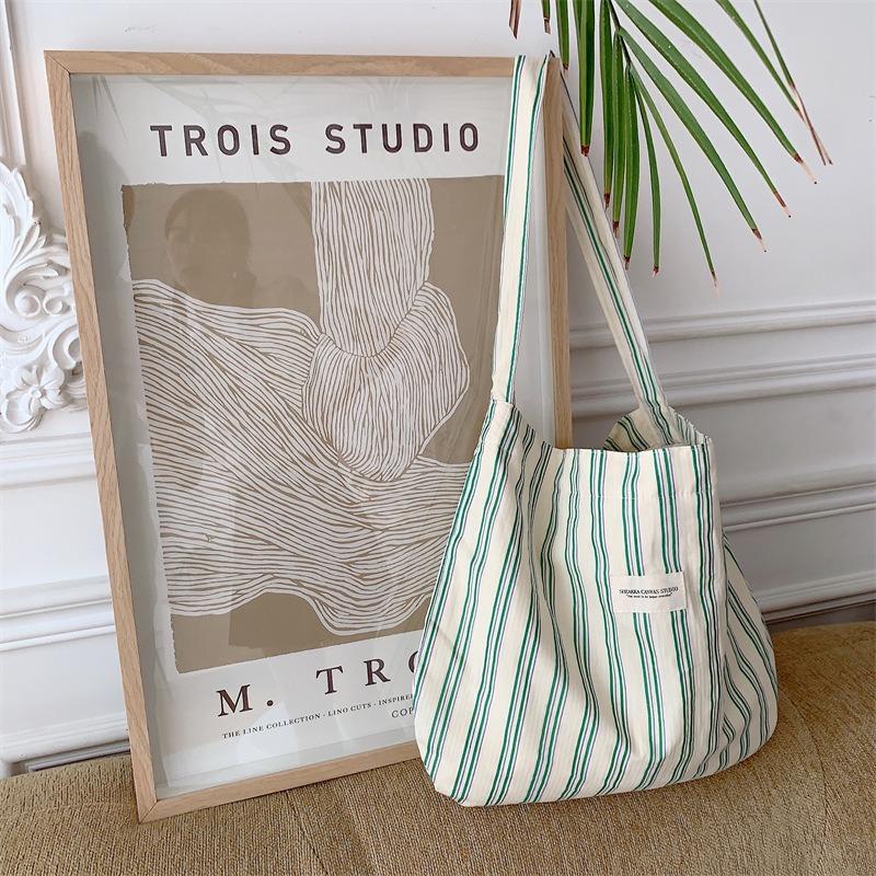1 striped shoulder bag large capacity underarm bag canvas bag women's work cloth bag student crossbody schoolbag