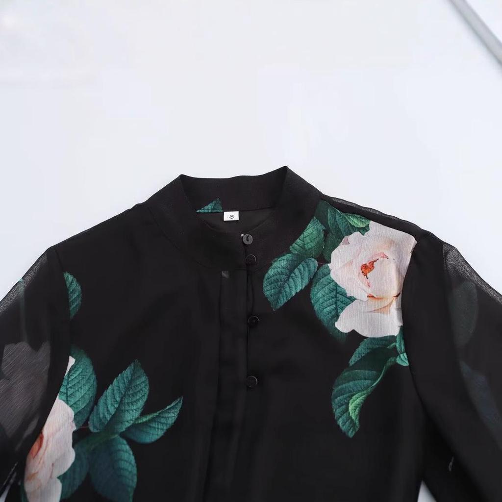 2025 Spring Women's European-American Style Single-Breasted Printed Long-Sleeve Dress