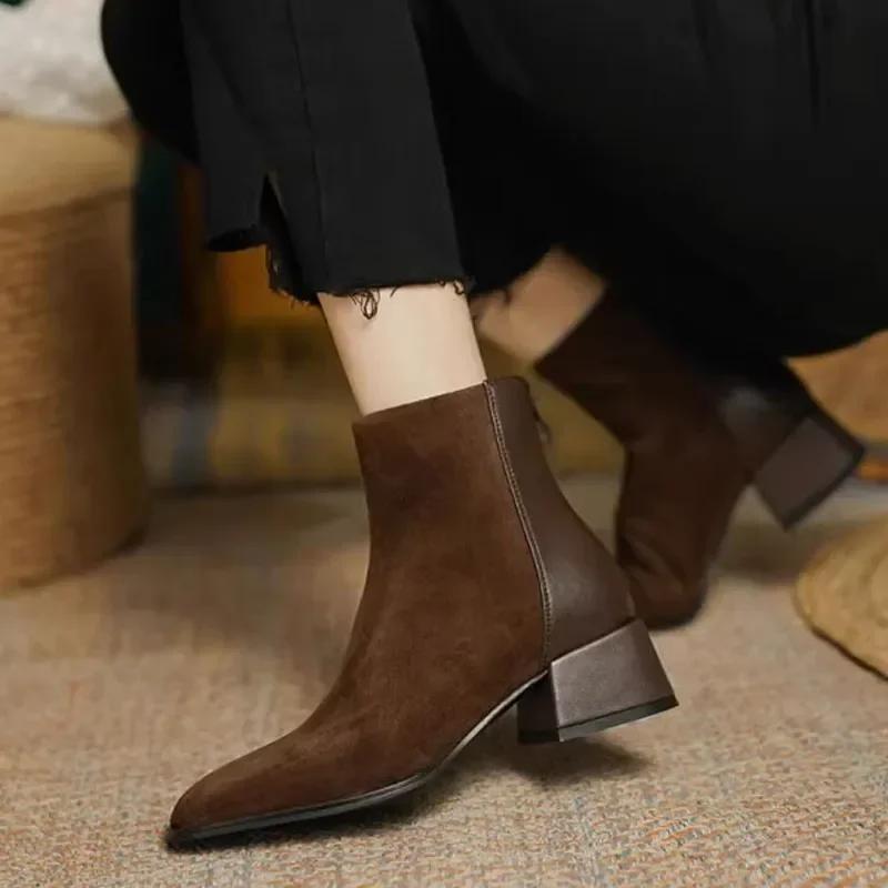 Höst Vinter Kvinnor Stövlar Fyrkantig Tå Klumpig Klack Damskor Ankelstövlar för Kvinnor Vinter Plattform Mockaskor Zapatos