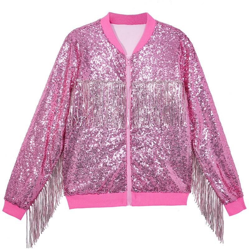 Giacca da Donna Oversize con Frange di Paillettes Manica Lunga Zip-Up Casual Streetwear Blazer da Festa