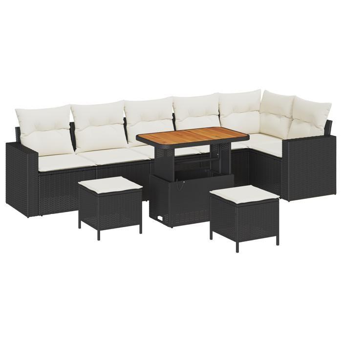 Ensemble de canapé de jardin 9 pièces avec coussins Noir Poly Rattan Acacia, Ensemble de salle à manger de jardin 3 pièces 3361635