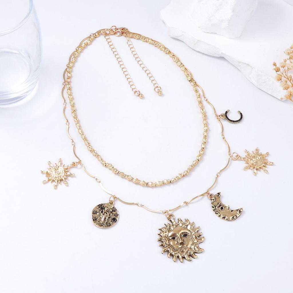 Personalized Retro Trend Design Sense Alloy Sun Moon Pendant Double Layer Stacked Chain Women's Necklace