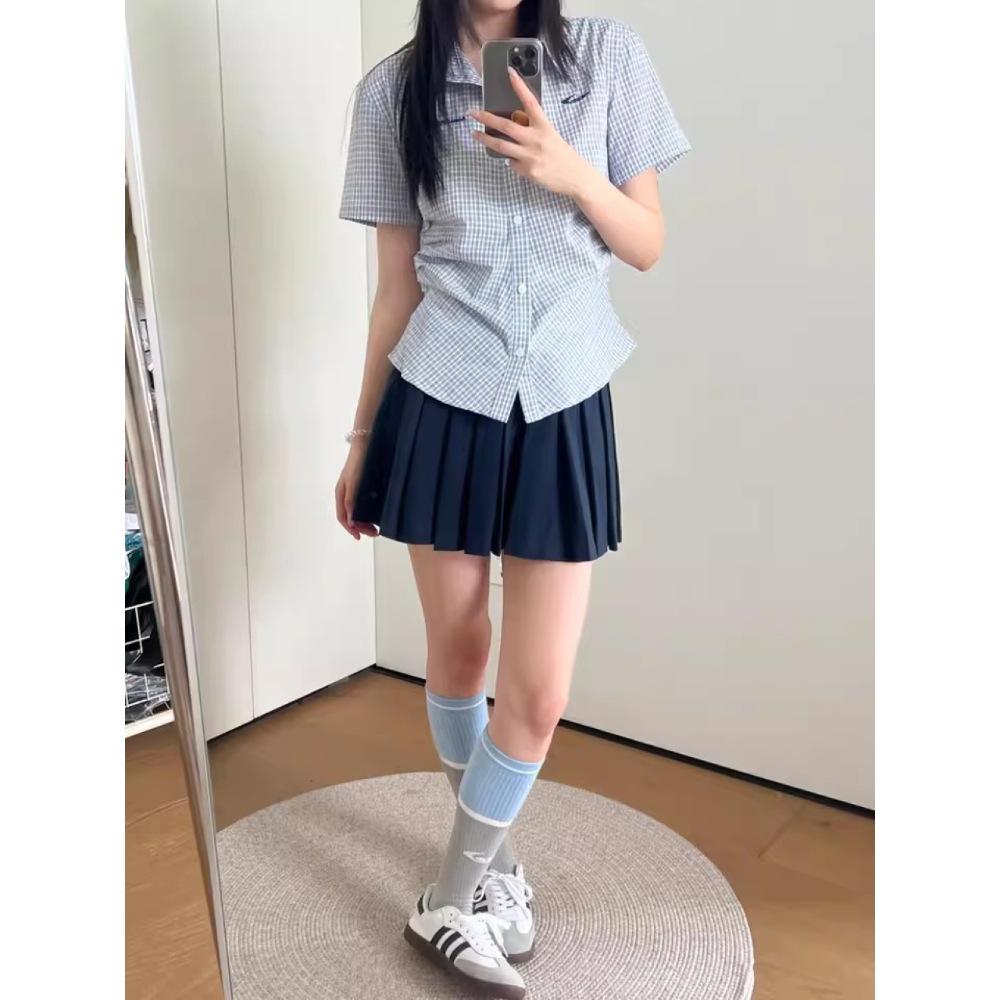 Women s Slim Fit Blue Plaid Cropped Shirt - American Style, Short Sleeve, Waist-Cinched for Summer One Size синий