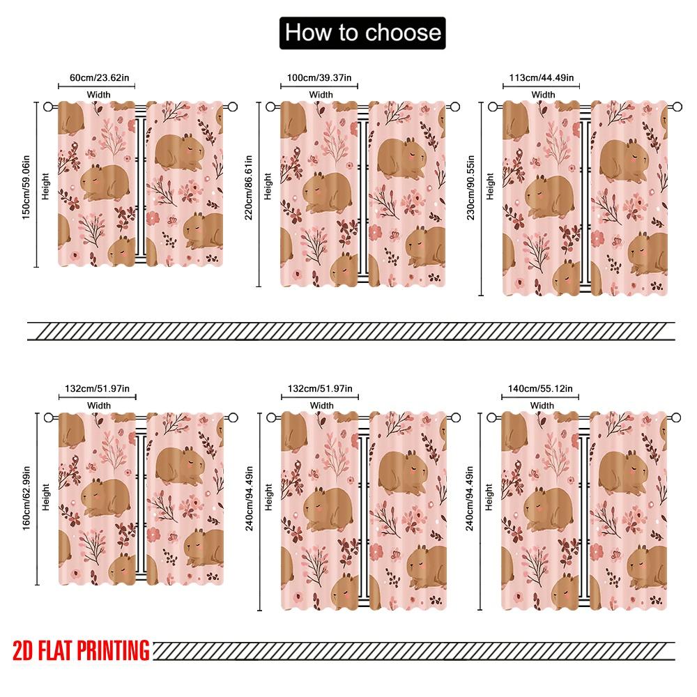2D flat printing 2pcs Window Curtains Cute Capybara 100% Polyester Without Electricity Versatile Use for room decor aesthetic
